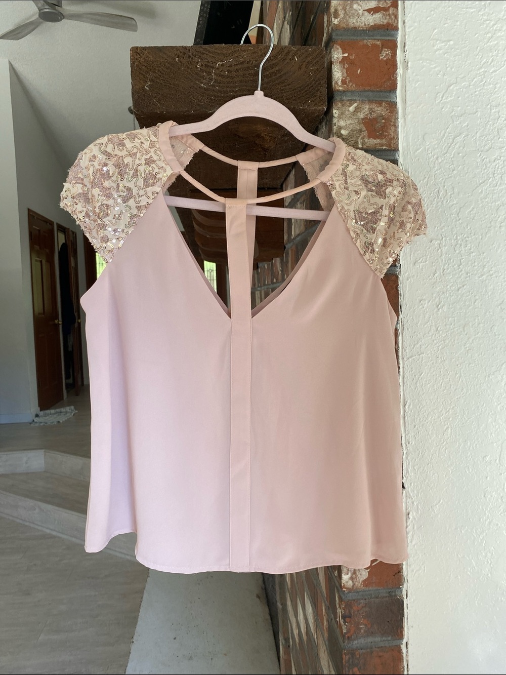 BCBGMaxAzria Blush Pink Embellished Cap-Sleeve Camisole